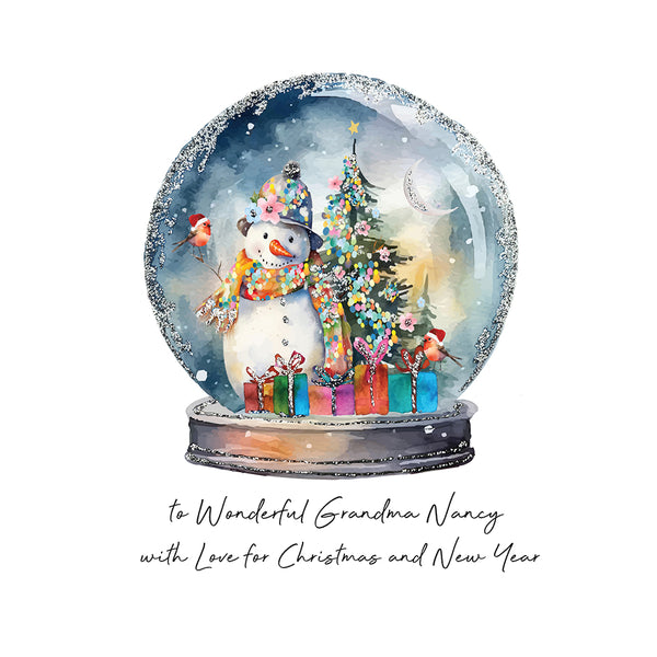 PERSONALISE FOR HER… to Wonderful Grandma with Love for Christmas and New Year (Snowman Snowglobe)