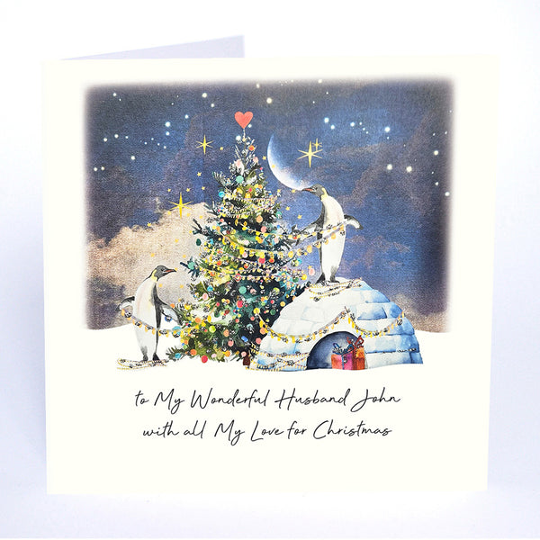 to My Wonderful Husband with All My Love for Christmas (Penguins Decorating the Tree)