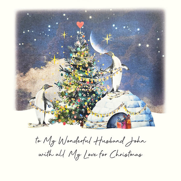 to My Wonderful Husband with All My Love for Christmas (Penguins Decorating the Tree)