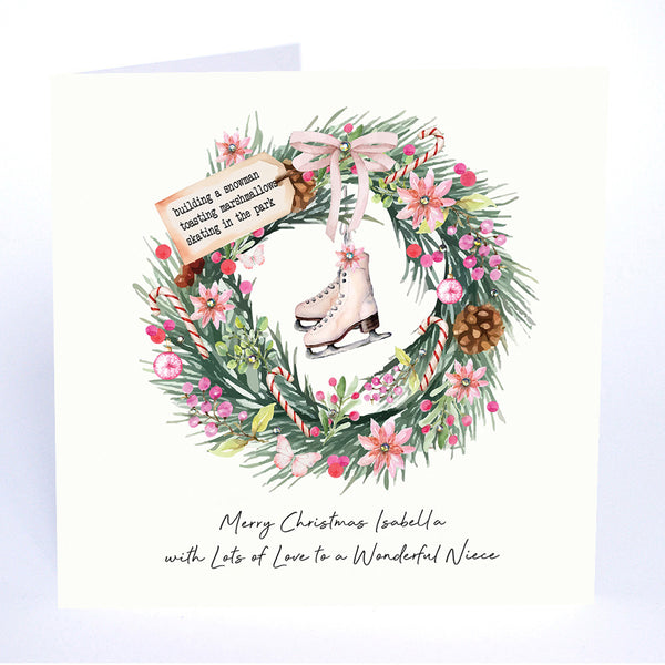 Merry Christmas with Lots of Love to a Wonderful Niece (Ice Skates Christmas Wreath)