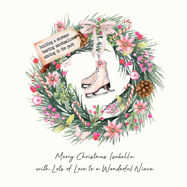 Merry Christmas with Lots of Love to a Wonderful Niece (Ice Skates Christmas Wreath)