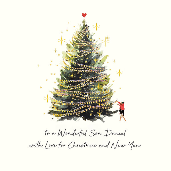 to a Wonderful Son with Love for Christmas and New Year (Decorating the Tree)