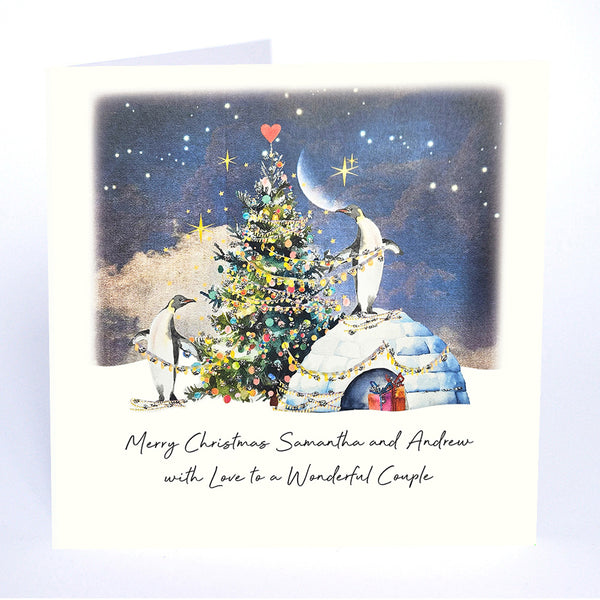 Merry Christmas with Love to a Wonderful Couple (Penguins Decorating the Tree)