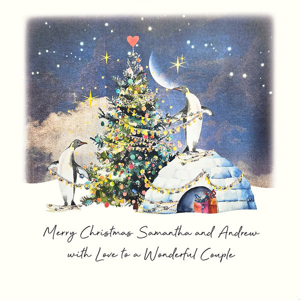 Merry Christmas with Love to a Wonderful Couple (Penguins Decorating the Tree)