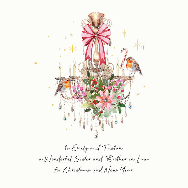 to a Wonderful Sister and Brother in Law for Christmas and New Year (Chandelier Robins)