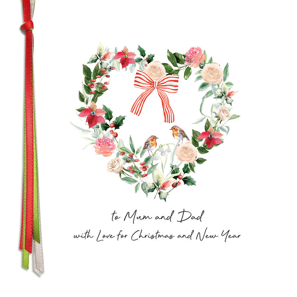 PERSONALISE FOR THEM… to Mum and Dad with Love for Christmas and New Year (Heart Wreath Robins)