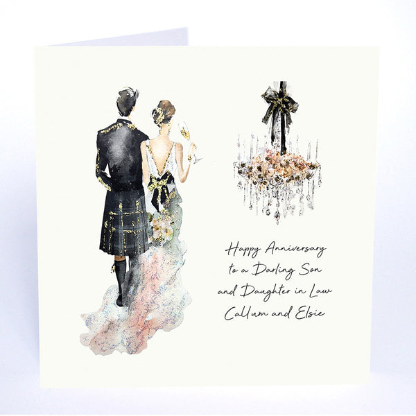 Happy Anniversary to a Darling Son and Daughter in Law (Scottish Couple Chandelier)