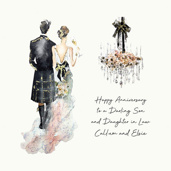 Happy Anniversary to a Darling Son and Daughter in Law (Scottish Couple Chandelier)